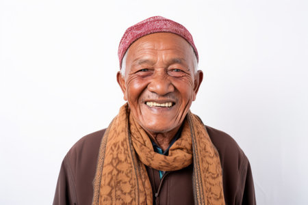 Portrait of a senior Asian man wearing a hat and scarf.の素材