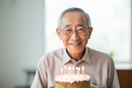Senior man holding birthday cake with candles in the living room at homeの素材