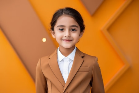 portrait of smiling little girl in beige suit looking at cameraの素材
