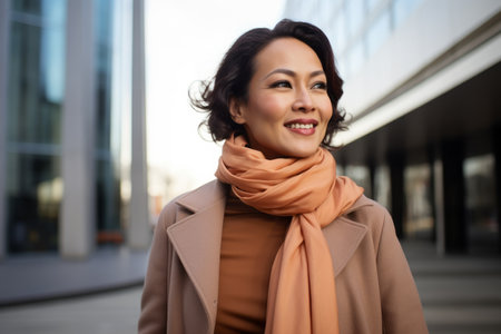 Portrait of a beautiful asian woman in beige coat and scarfの素材