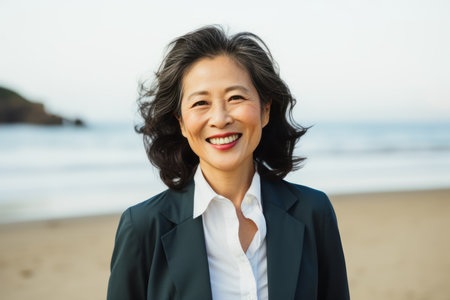 Portrait of smiling senior businesswoman standing on the beach and looking at cameraの素材