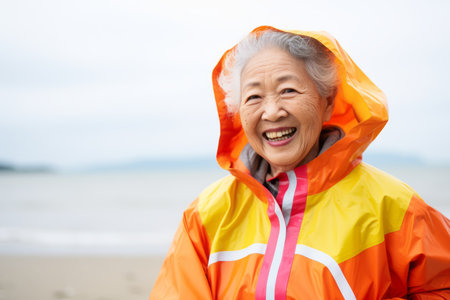 Happy asian senior woman wearing raincoat and smiling on the beachの素材