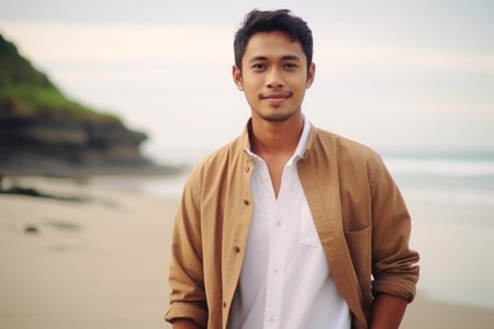 Portrait of handsome asian man standing on the beach at sunsetの素材