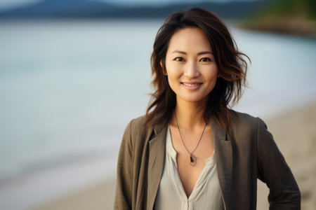 portrait of young asian woman smiling and looking at camera on the beachの素材