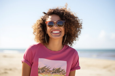 Portrait of smiling young african american woman in sunglasses on the beachの素材