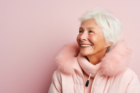 Portrait of a smiling senior woman in pink coat on a pink backgroundの素材