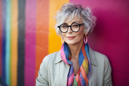 Portrait of smiling senior woman in eyeglasses against colorful wallの素材