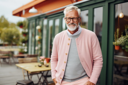 Portrait of a smiling senior man standing in a cafe outdoors.の素材