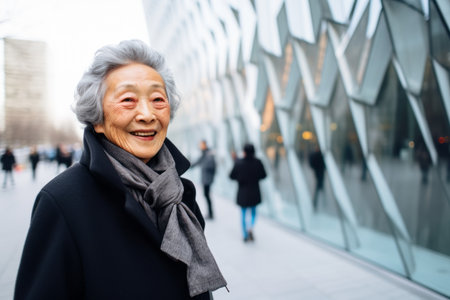 Portrait of a happy senior asian woman walking in the cityの素材