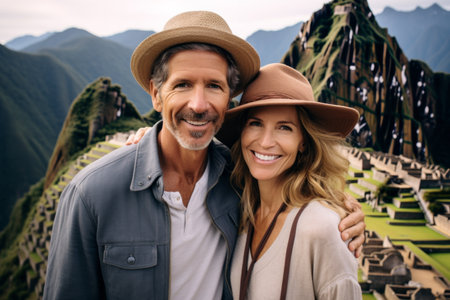 Portrait of happy mature couple in hats looking at camera while standing on top of Machu Picchu, Peruの素材