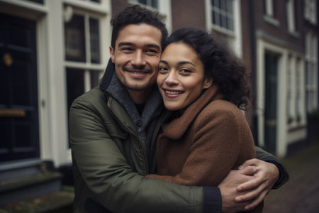 Portrait of happy mixed race couple embracing each other in the cityの素材