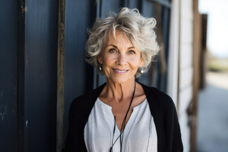 Portrait of smiling senior woman standing by door at home on the streetの素材