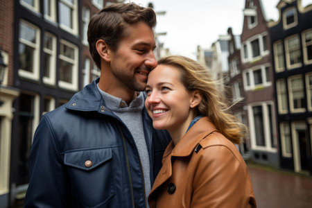 happy young couple hugging and smiling at each other in Amsterdam, Netherlandsの素材