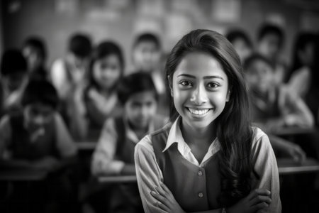 Portrait of happy Asian teacher in classroom. Black and white.の素材