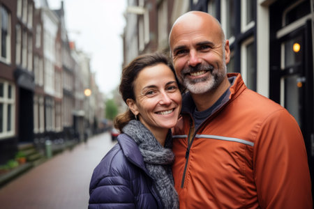 Portrait of a smiling senior couple standing in the street and looking at cameraの素材