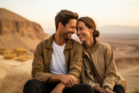 Portrait of a happy young couple sitting on a rock in the desertの素材