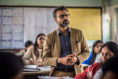 Indian male teacher giving a presentation to his students in the classroom.の素材