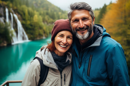 Happy senior couple looking at camera and smiling while standing on bridge near beautiful waterfallの素材