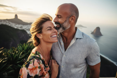 Portrait of smiling senior couple looking at each other while standing on top of mountain during sunsetの素材