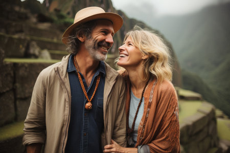Mature couple enjoying sightseeing at Machu Picchu, Peruの素材