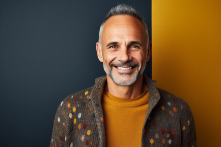 Portrait of a smiling mature man looking at camera while standing against gray and yellow backgroundの素材