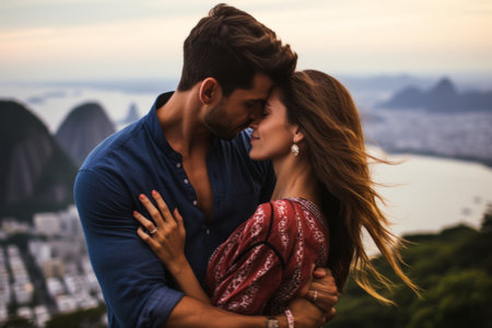 Young couple in love kissing on the top of a mountain at sunsetの素材