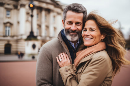 Portrait of happy mature couple embracing each other and looking at camera in cityの素材