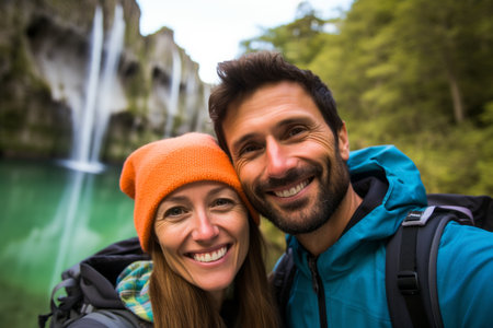 Portrait of happy couple standing in front of waterfall on a sunny dayの素材