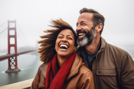 Portrait of happy couple looking at each other while standing on bridgeの素材