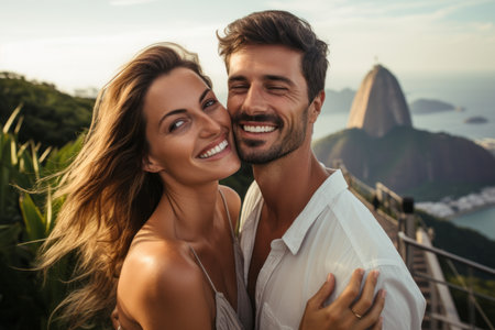 Portrait of a happy young couple embracing and looking at each other while standing on top of a mountainの素材