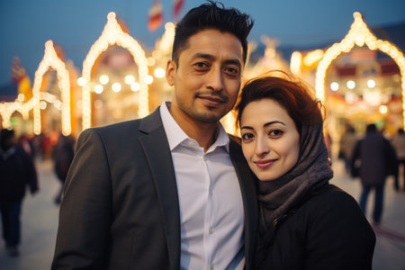 Young couple on the background of a fairground in the evening.の素材