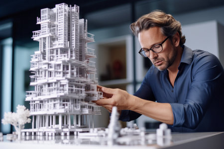 Architect working on model of house. Young man in glasses and blue shirt working with model of house. construction conceptの素材