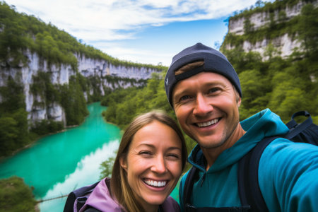 Happy couple taking a selfie in the Plitvice Lakes National Park, Croatiaの素材