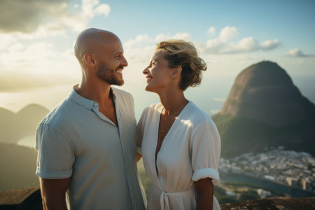 Cheerful couple looking at each other on top of a mountainの素材
