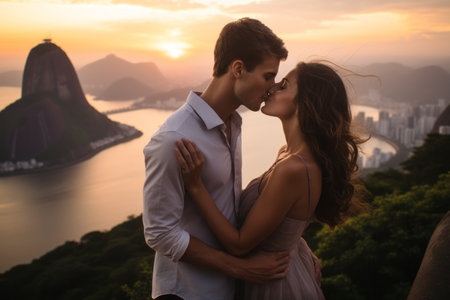 Young couple kissing on the top of the mountain at sunset in Rio de Janeiro, Brazilの素材