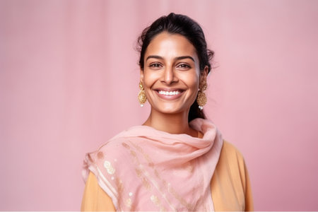 Portrait of a beautiful Indian woman with a pink scarf on a pink backgroundの素材