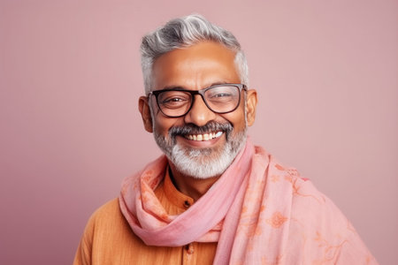 Portrait of a happy senior Indian man wearing glasses and a pink scarfの素材