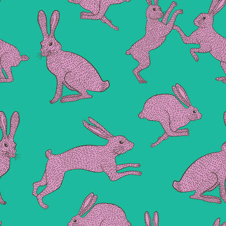 Pink bunny rabbit pattern on plain blue/green background for use in quilting fabric design, websites or stationery.のイラスト素材