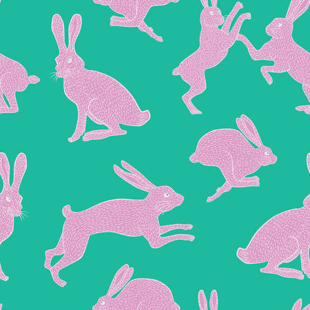 White and pink bunny rabbit pattern on plain blue/green background for use in quilting fabric design, websites or stationery.のイラスト素材