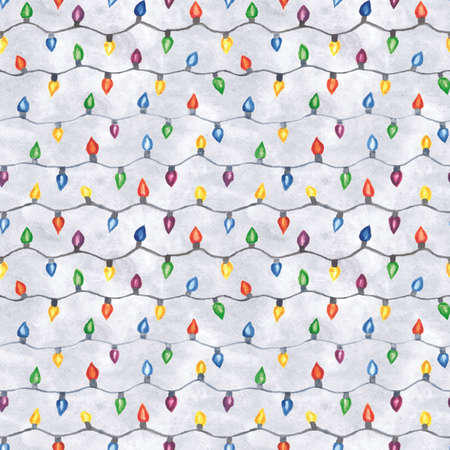 Christmas Lights Hand Painted Seamless Watercolor Patternの写真素材