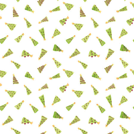 Small Decorated Christmas Tress Hand Painted Watercolor Seamless Patternの写真素材