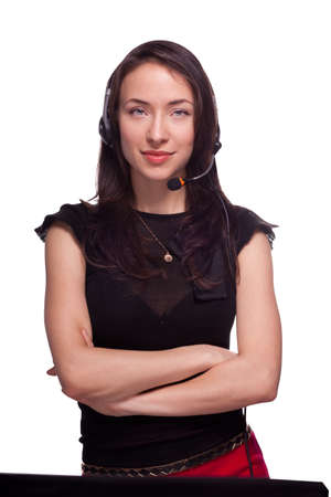 Call center support office woman with headset isolated on whiteの写真素材