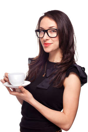 Young woman secretary office worker with coffee mug isolated on whiteの写真素材