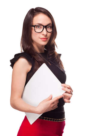 Office girl holding empty paper blank document isolated on whiteの写真素材