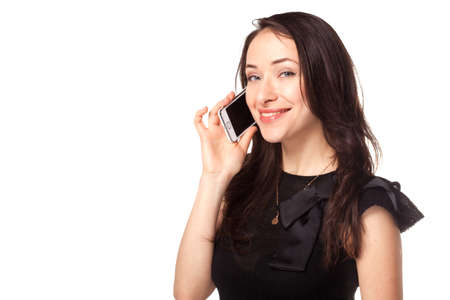 Call center support office brunette with smartphone isolated on whiteの写真素材