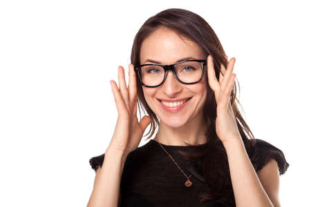 Optics shop sale advertisment woman holding stylish glasses frameの写真素材