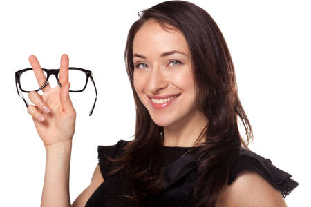 Optics shop sale advertisment woman holding stylish glasses frameの写真素材