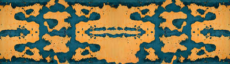 Abstract orange blue grunge peeled off exfoliated weathered damaged steel metal wall wallpaper...