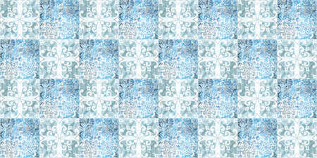 Blue white vintage worn retro geometric motif cement square mosaic tiles wallpaper with flower...