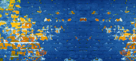 Blue orange complementary colors abstract damaged aged old weathered rustic brick wall brickwork...